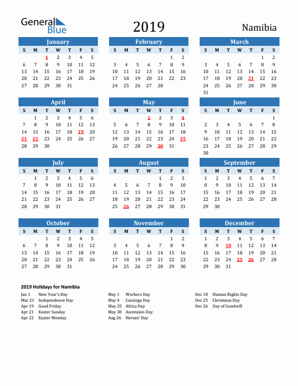 Printable Calendar 2019 with Namibia Holidays (Sunday Start)