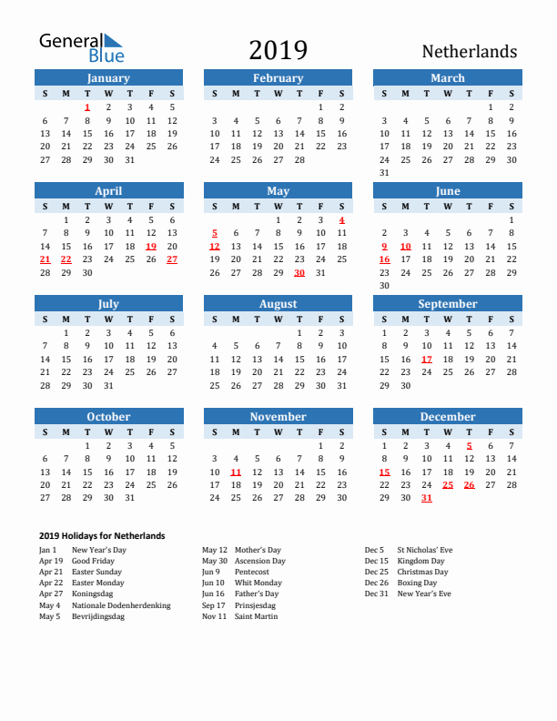 Printable Calendar 2019 with The Netherlands Holidays (Sunday Start)
