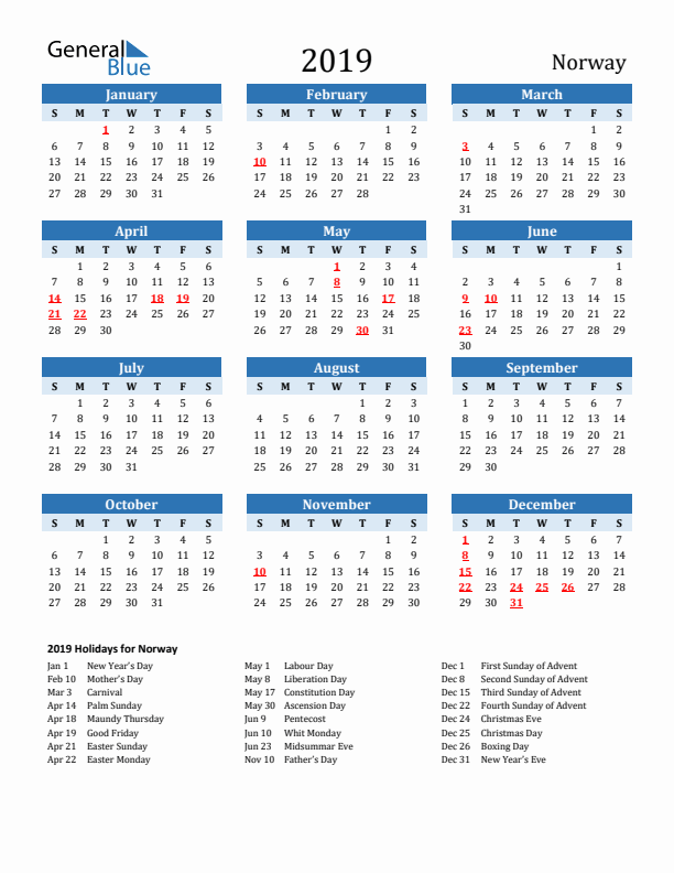 Printable Calendar 2019 with Norway Holidays (Sunday Start)