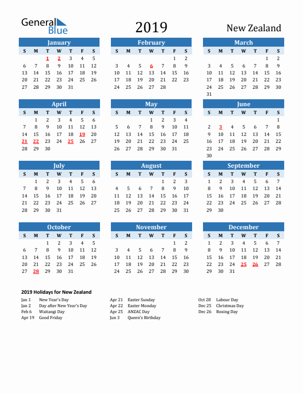 Printable Calendar 2019 with New Zealand Holidays (Sunday Start)