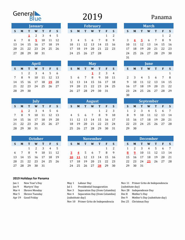 Printable Calendar 2019 with Panama Holidays (Sunday Start)
