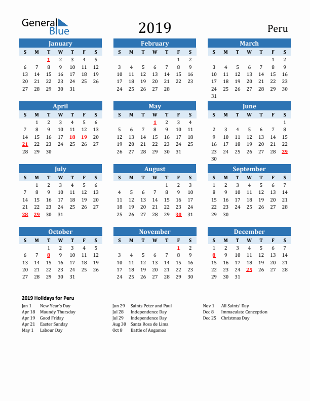 Printable Calendar 2019 with Peru Holidays (Sunday Start)