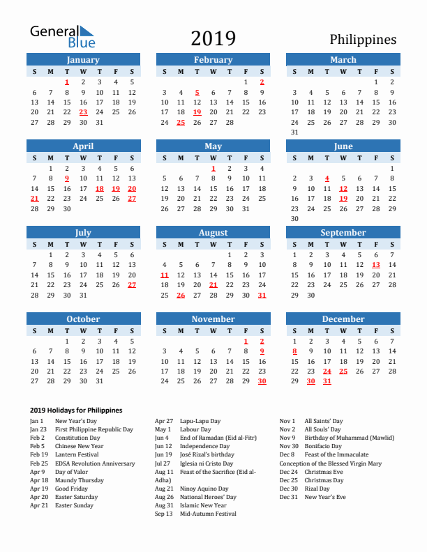 Printable Calendar 2019 with Philippines Holidays (Sunday Start)
