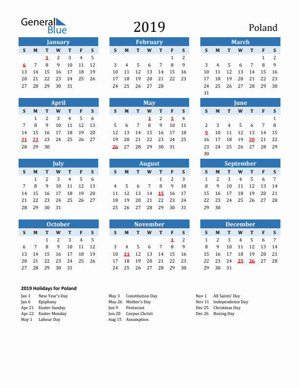 Printable Calendar 2019 with Poland Holidays (Sunday Start)
