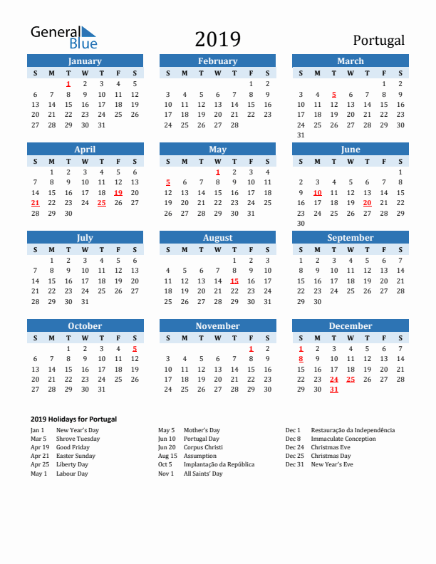 Printable Calendar 2019 with Portugal Holidays (Sunday Start)