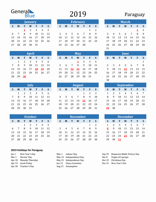 Printable Calendar 2019 with Paraguay Holidays (Sunday Start)
