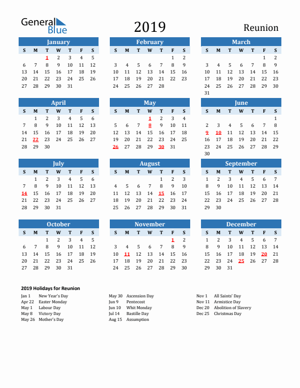 Printable Calendar 2019 with Reunion Holidays (Sunday Start)