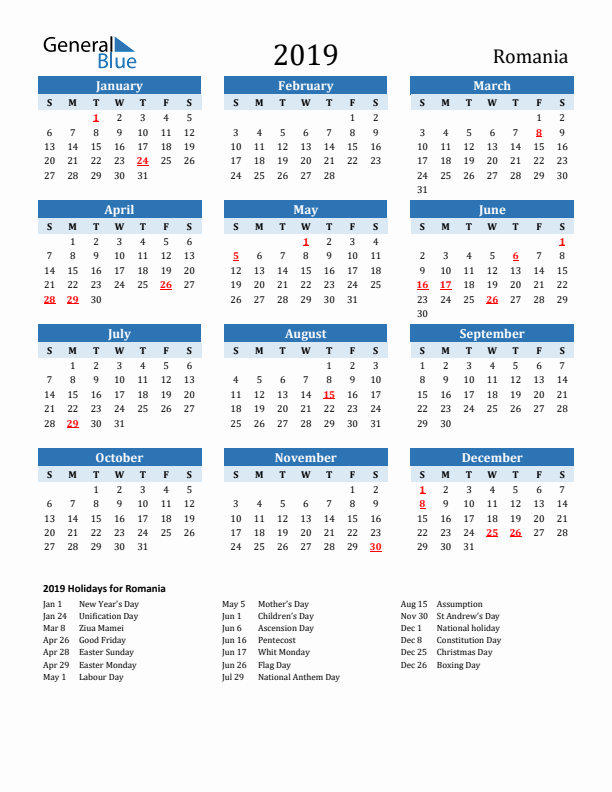 Printable Calendar 2019 with Romania Holidays (Sunday Start)