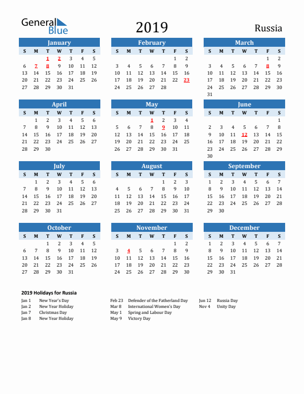 Printable Calendar 2019 with Russia Holidays (Sunday Start)