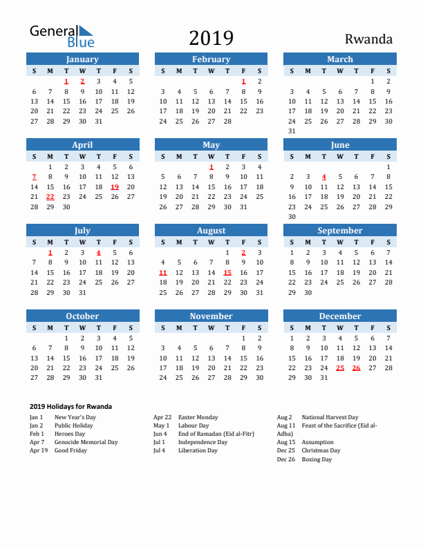Printable Calendar 2019 with Rwanda Holidays (Sunday Start)