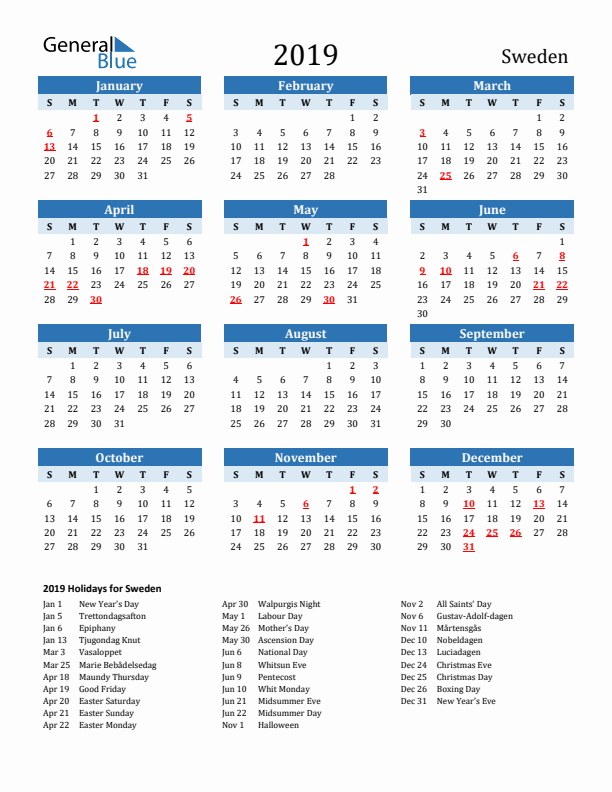 Printable Calendar 2019 with Sweden Holidays (Sunday Start)