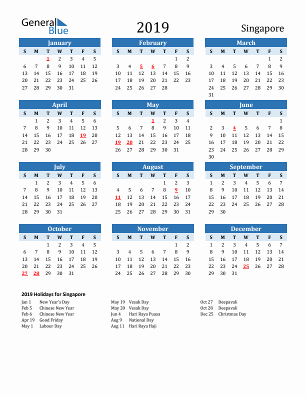 Printable Calendar 2019 with Singapore Holidays (Sunday Start)