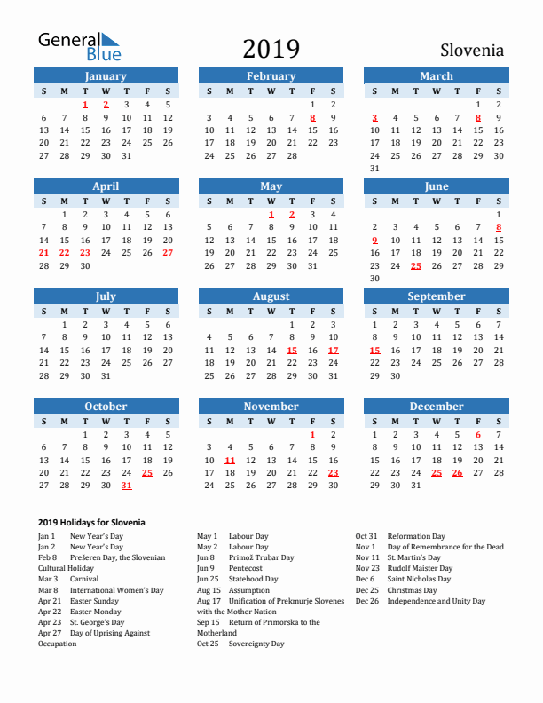 Printable Calendar 2019 with Slovenia Holidays (Sunday Start)