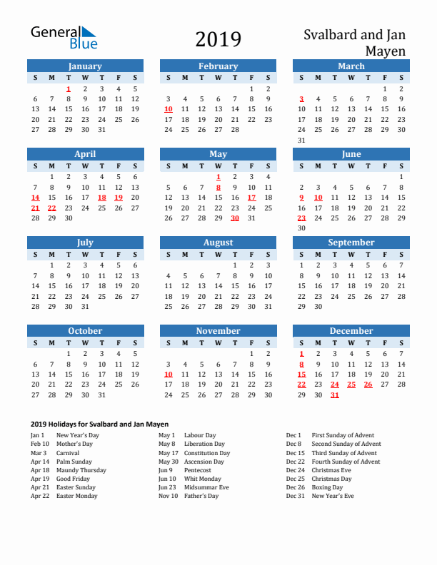 Printable Calendar 2019 with Svalbard and Jan Mayen Holidays (Sunday Start)