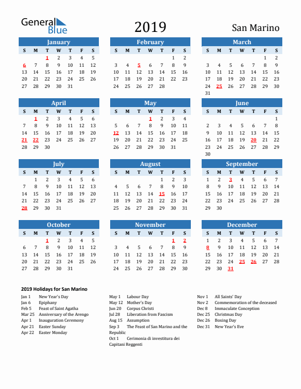 Printable Calendar 2019 with San Marino Holidays (Sunday Start)
