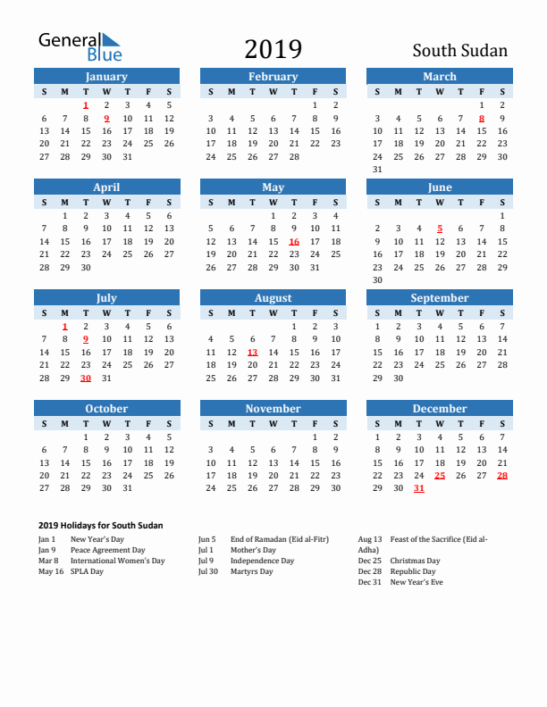Printable Calendar 2019 with South Sudan Holidays (Sunday Start)