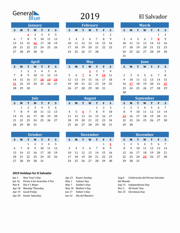 Printable Calendar 2019 with El Salvador Holidays (Sunday Start)