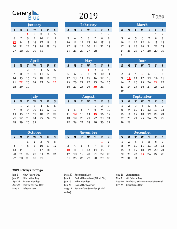 Printable Calendar 2019 with Togo Holidays (Sunday Start)