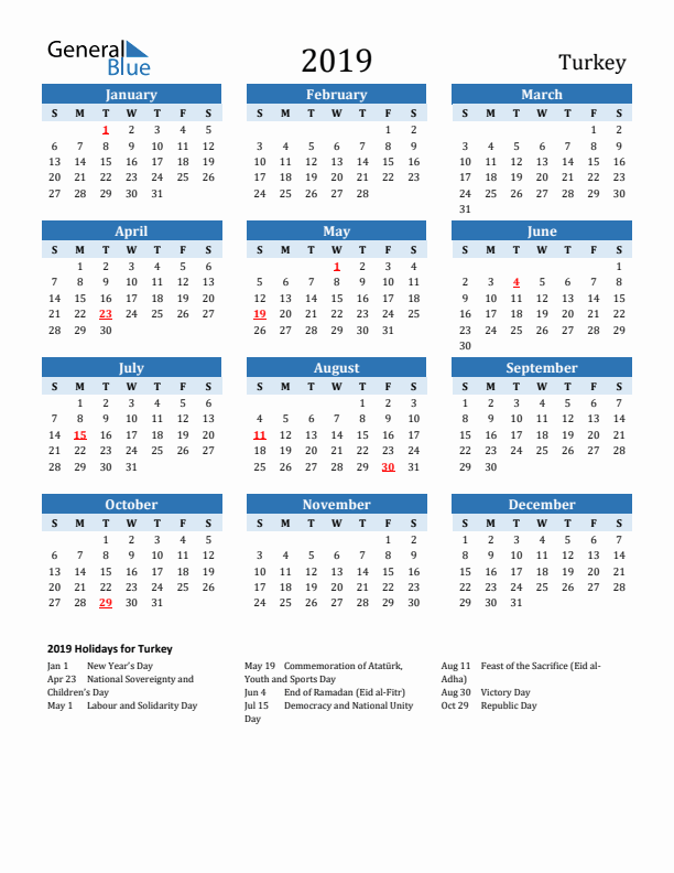 Printable Calendar 2019 with Turkey Holidays (Sunday Start)