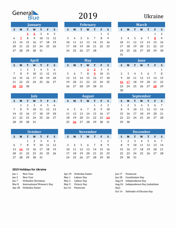 Printable Calendar 2019 with Ukraine Holidays (Sunday Start)
