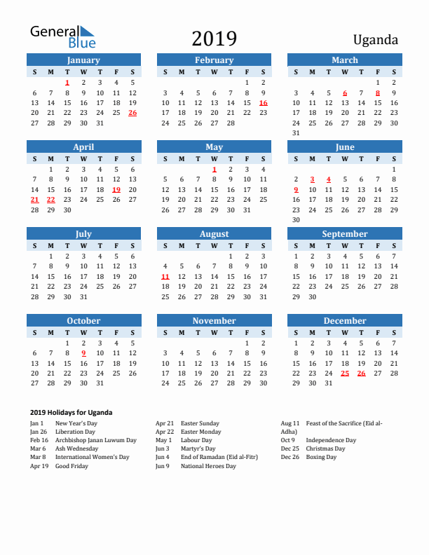 Printable Calendar 2019 with Uganda Holidays (Sunday Start)