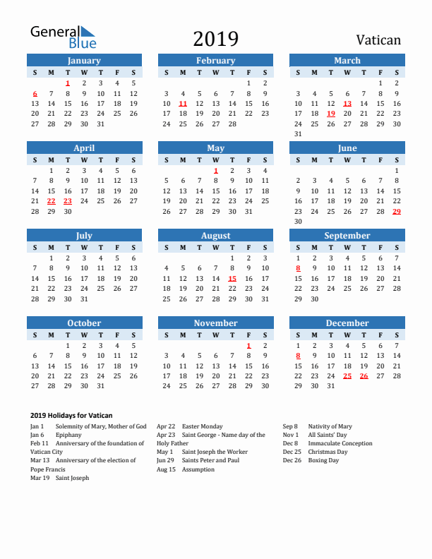Printable Calendar 2019 with Vatican Holidays (Sunday Start)