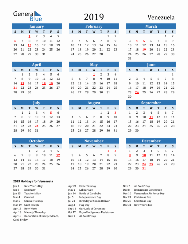 Printable Calendar 2019 with Venezuela Holidays (Sunday Start)