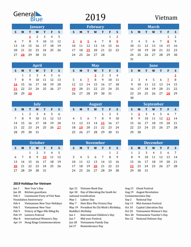 Printable Calendar 2019 with Vietnam Holidays (Sunday Start)