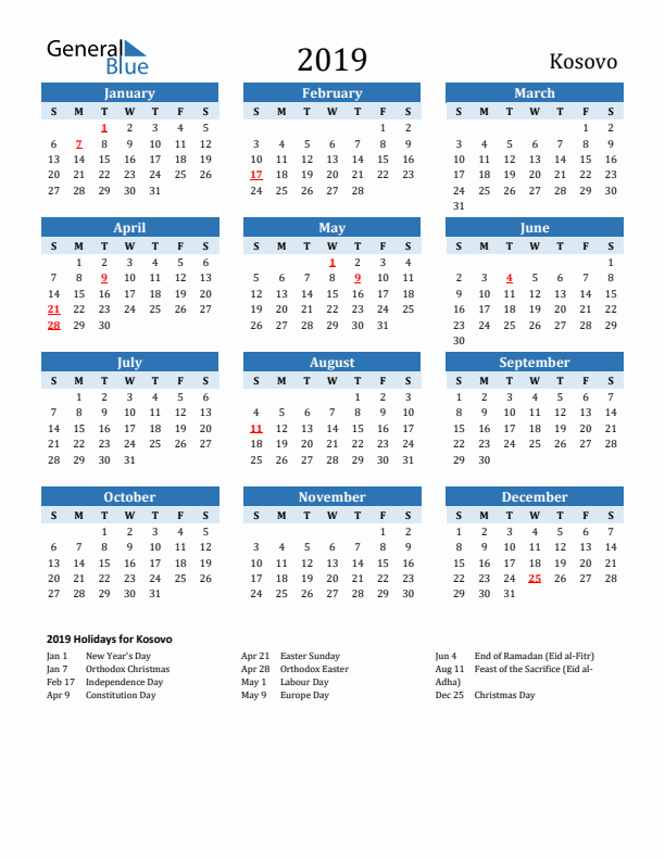 Printable Calendar 2019 with Kosovo Holidays (Sunday Start)