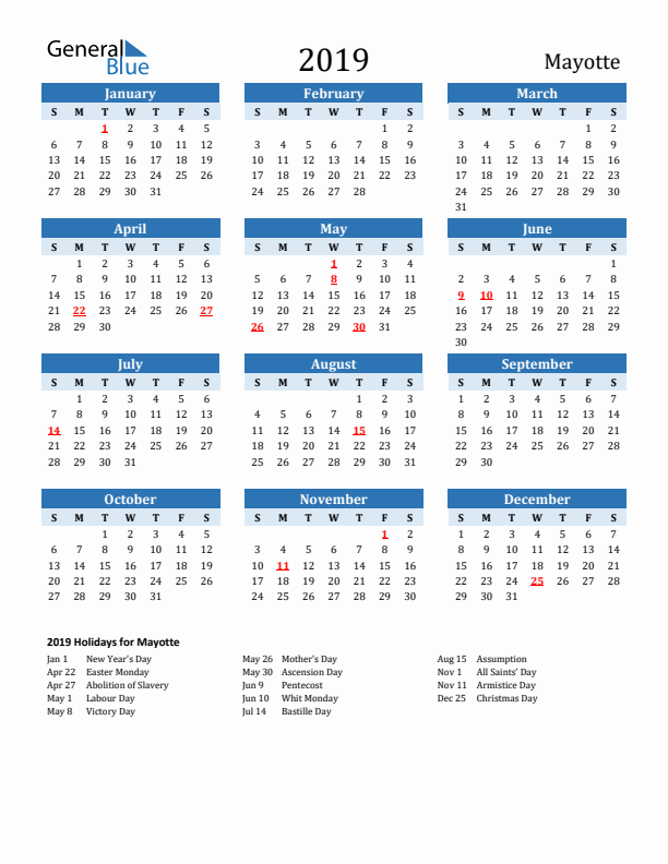 Printable Calendar 2019 with Mayotte Holidays (Sunday Start)
