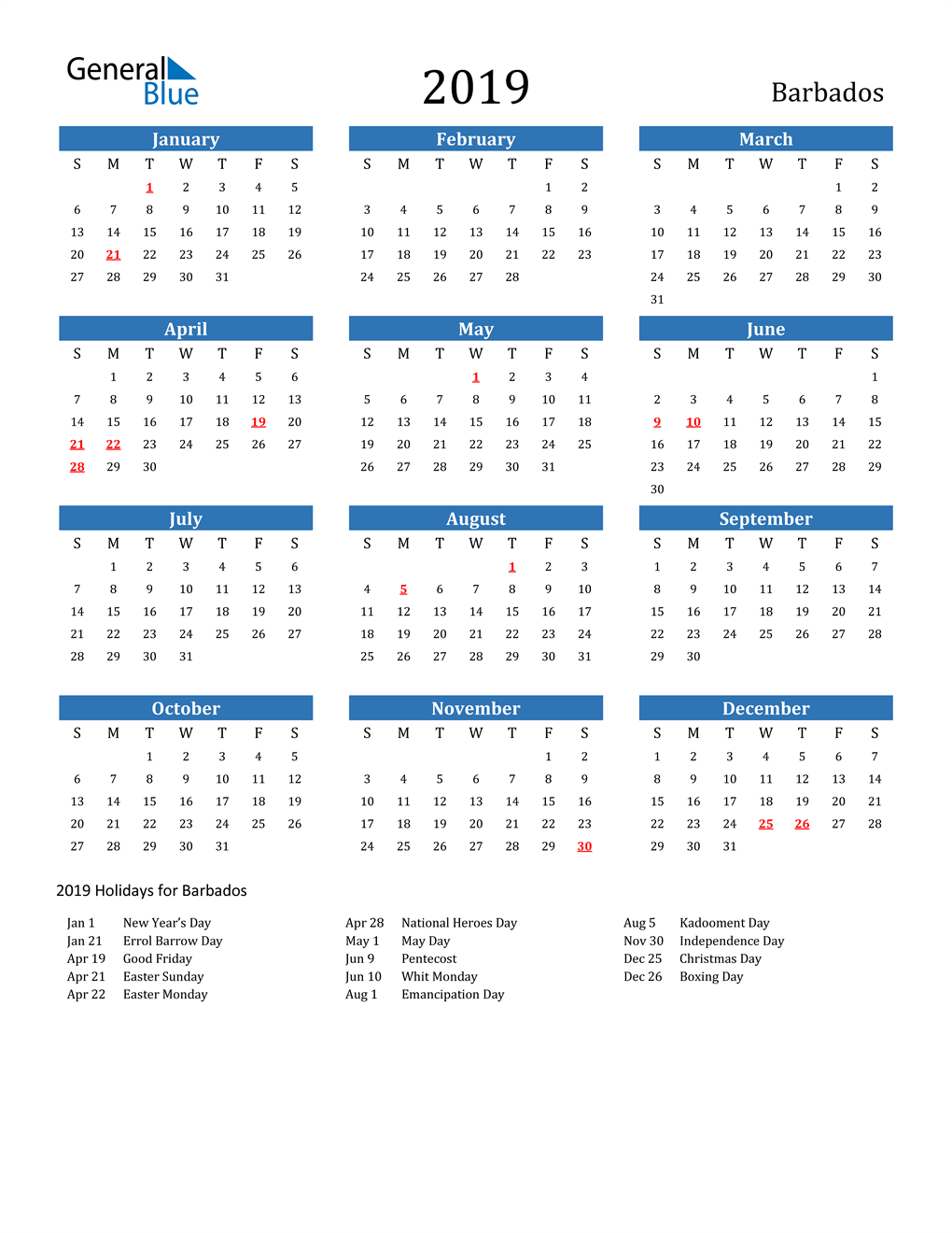 2019 Barbados Calendar With Holidays