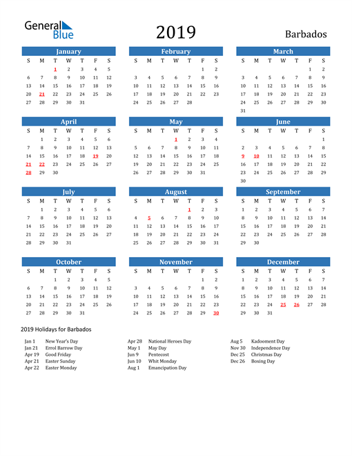 2019 Calendar - Barbados with Holidays