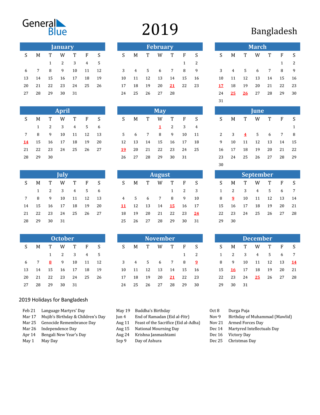 2019 Bangladesh Calendar With Holidays