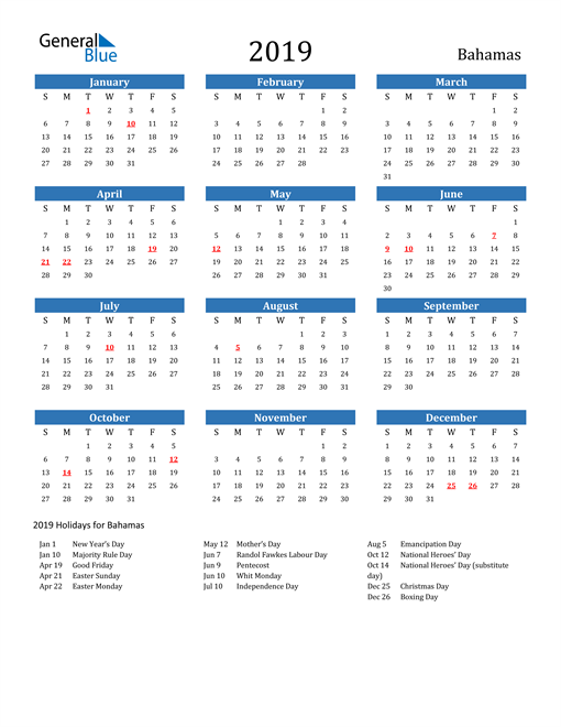 2019 Bahamas Calendar with Holidays