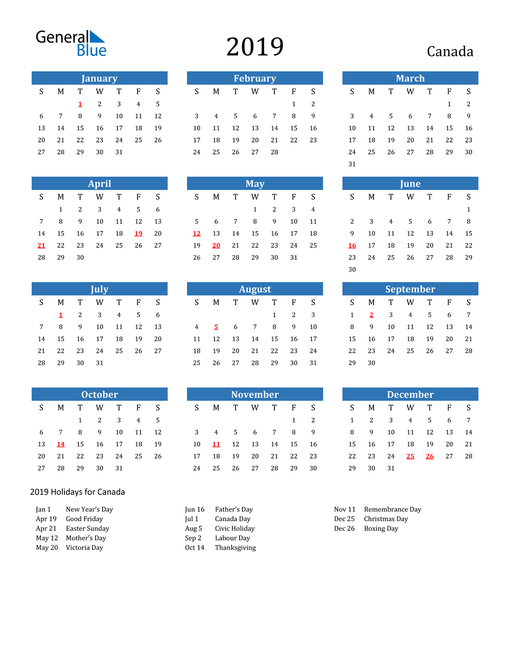 19 Canada Calendar With Holidays
