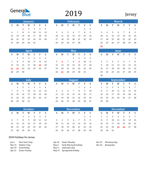 2019 Calendar - Jersey with Holidays