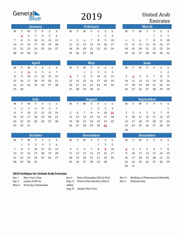 United Arab Emirates 2019 Calendar with Holidays