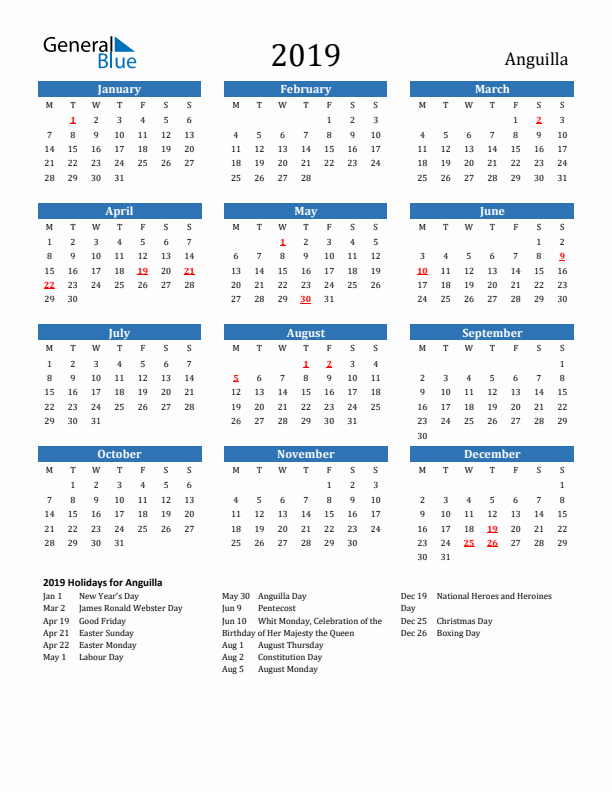 Anguilla 2019 Calendar with Holidays