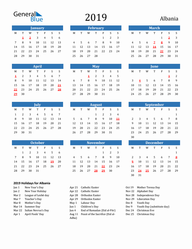 Albania 2019 Calendar with Holidays