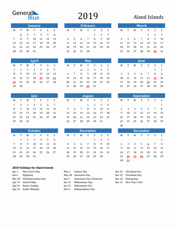 Aland Islands 2019 Calendar with Holidays