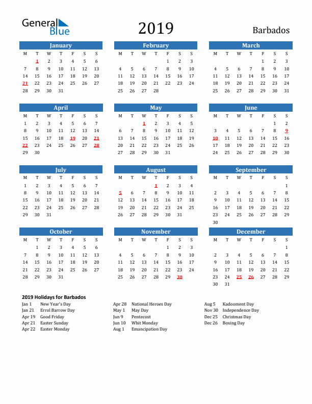 Barbados 2019 Calendar with Holidays