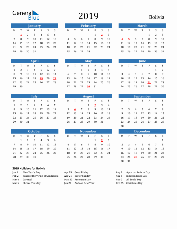 Bolivia 2019 Calendar with Holidays