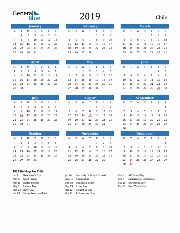 Chile 2019 Calendar with Holidays