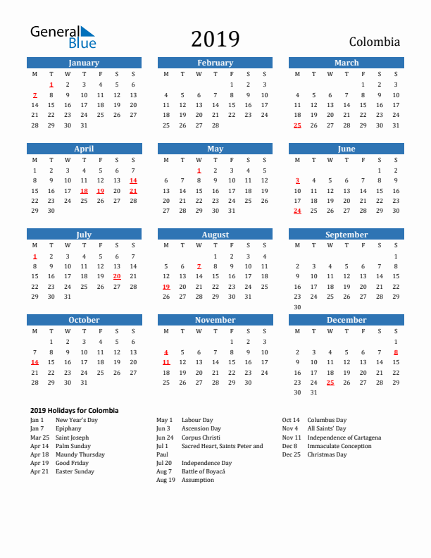 Colombia 2019 Calendar with Holidays