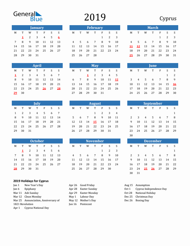 Cyprus 2019 Calendar with Holidays