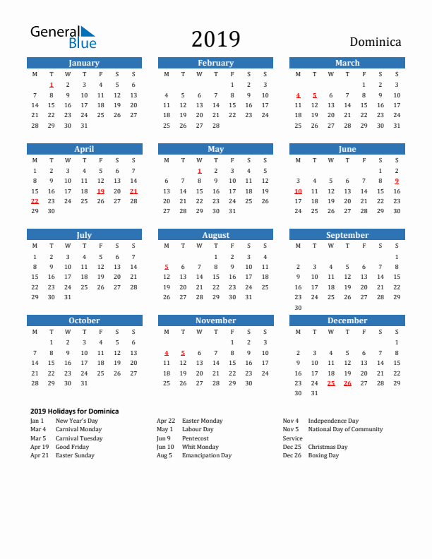 Dominica 2019 Calendar with Holidays