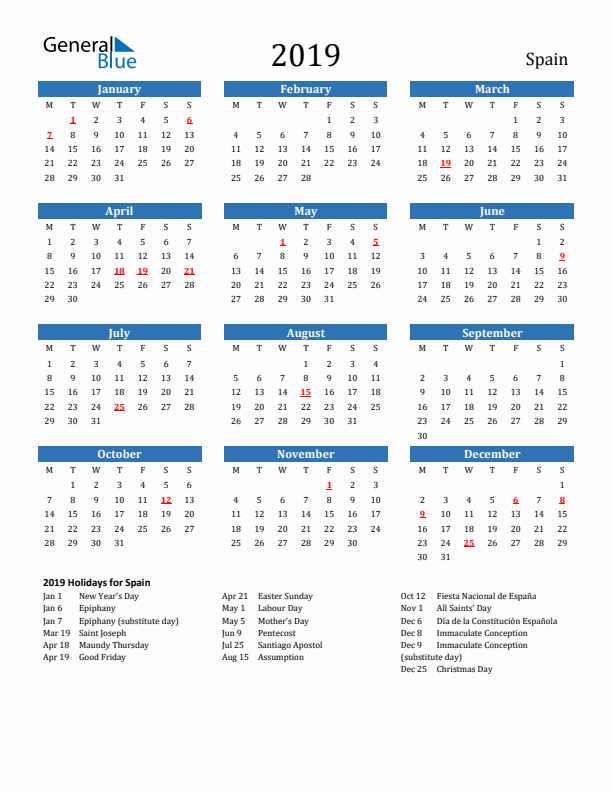 Spain 2019 Calendar with Holidays