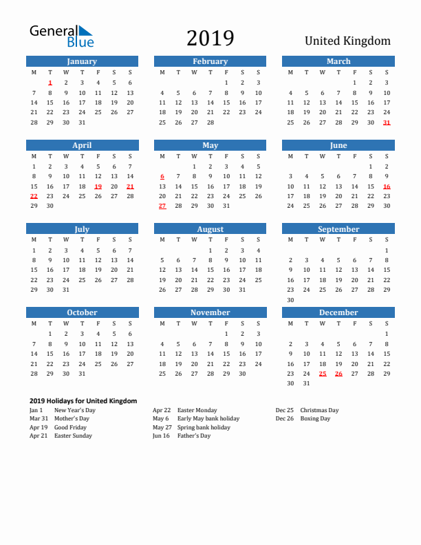United Kingdom 2019 Calendar with Holidays