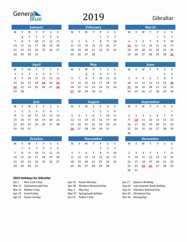 Gibraltar 2019 Calendar with Holidays