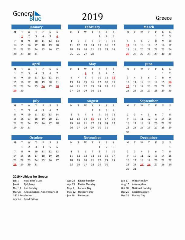 Greece 2019 Calendar with Holidays